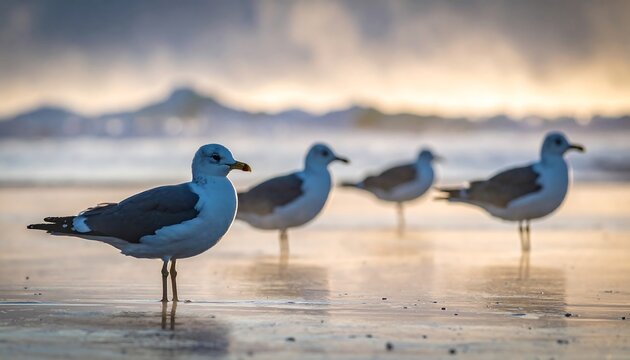Seagulls on a beach at sunrise