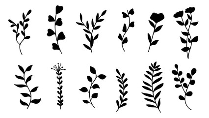 Minimalist botanical silhouette collection of plants, flowers, and foliage.Vector illustration set.