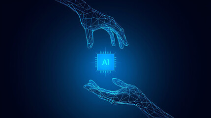 AI technology connecting human hands with digital innovation on blue background showcasing future possibilities