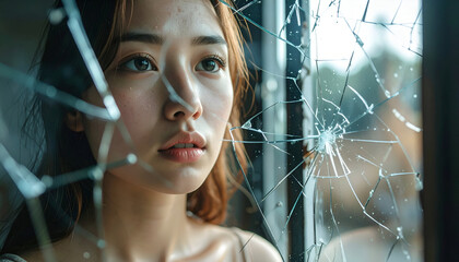 A young woman stares at the broken window with sad eyes.