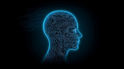 Artificial intelligence concept glowing circuit board inside human head profile silhouette