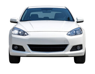 A white car with sleek lines and modern design features prominently in the frame, showcasing its headlights and grille.