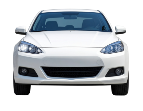 A white car with sleek lines and modern design features prominently in the frame, showcasing its headlights and grille.