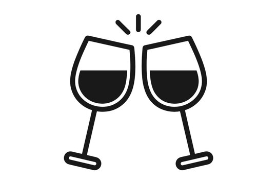 Two wine glasses clinking cheers icon vector illustration, transparent background, celebration concept, party toast, drink symbol, festive occasion, simple outline design - Powered by Adobe