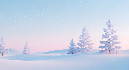 Fototapeta premium Winter Landscape Snow-Covered Trees, Snowy Hills, Pastel Sky, Christmas Background