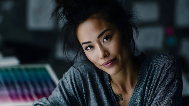 A thoughtful Asian woman in a creative office setting working with color charts and mood boards