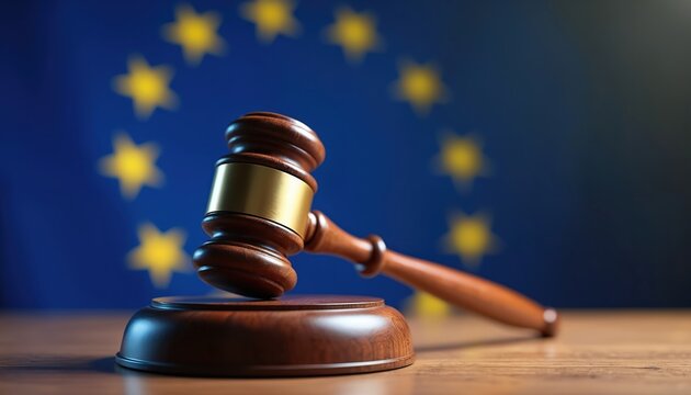 Wooden gavel with gold band on sound block. European Union flag with yellow stars in background. Concept of law, justice, legislation. Gavel on table, symbol of judiciary, court decision.