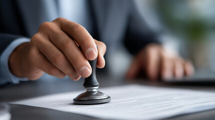 Fototapeta premium Financial document approval: Man stamping approval on finance banking or investment marketing documents loan approval financial authorization banking procedures investment doc