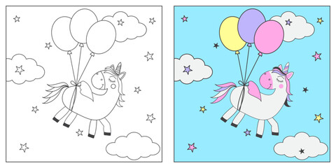 Coloring page, color the picture, outline, unicorn flying on balloons, stars, clouds, children's task, developmental task