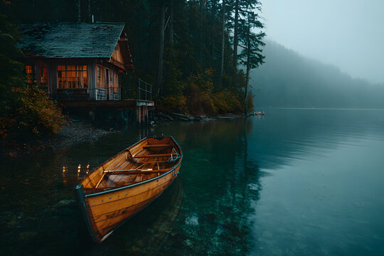 a boat is docked in the water near a cabin