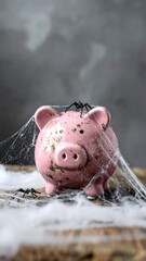 Piggy bank in spooky spiderweb
