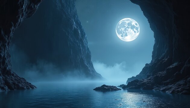 Moonlit cave entrance opens to misty water and rocky shore under full moon. Serene night landscape evokes mystery and calm. Dark cliffs frame tranquil blue scene.