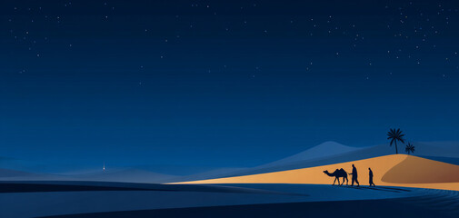 Solemn journey of wise men and camel walking across desert dune at night