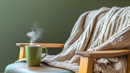 Cozy vibes with hot green mug of coffee and beige knitted blanket on a wooden chair