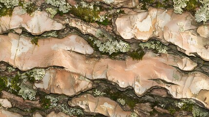 Detailed close up of tree bark texture background with moss and lichen.