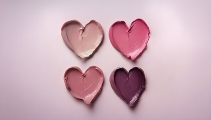 Fototapeta premium Four heart-shaped lipstick smears in soft pink, mauve and rose tones on a pastel pink background - cosmetic texture flatlay for beauty, romance and packaging design