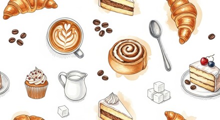 Watercolor illustration of various pastries and coffee on white background.