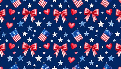 Obraz premium Repeating pattern of stars, hearts, bows, and flags against dark background