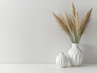 Naklejka premium Elegant pampas grass arrangement in modern white vases showcases neutral home decor style beautifully