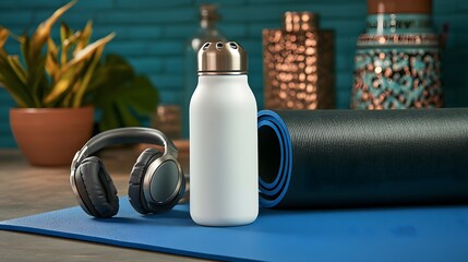 Yoga accessories with water bottle, mat and headphones in the studio for sport