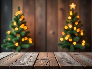 In the foreground is an empty wooden table for product display against a background of a sparkling Christmas tree.