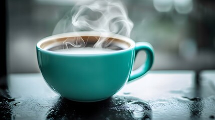 Steaming cup of fresh coffee on wet table for morning wake up