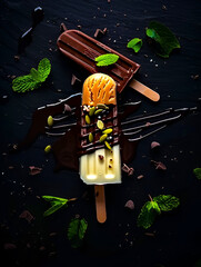Minimalist green ice cream popsicle on a wooden stick