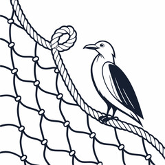 A solitary bird perches on a thick nautical rope attached to a fishing net against a white background