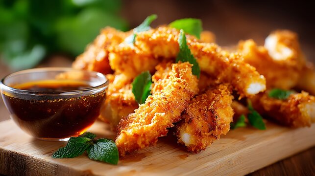 Bahamian fried cracked conch isolated on a modern white plate, golden crispy pieces, lemon and dipping sauce on the side