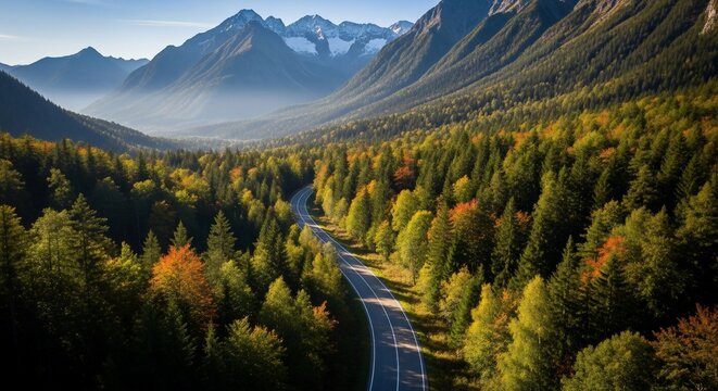 A scenic winding road cutting through a vibrant autumn forest with majestic mountains in the distance under a clear sky.