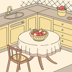 Cozy kitchen corner with a round table covered with a tablecloth and a bowl of fruit