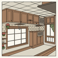 Cozy kitchen interior with wooden cabinets tiled backsplash and windows with plants