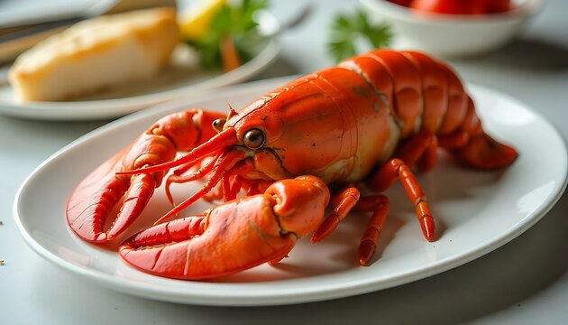 Bahamian rock lobster grilled and isolated on a white oval plate, tail opened with exposed meat