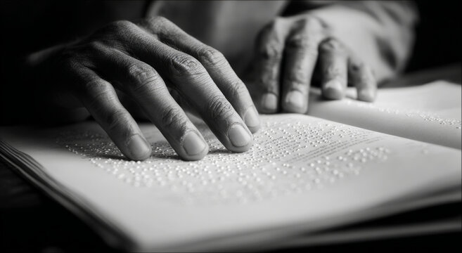 Focused close up of hands reading braille book with tactile letters