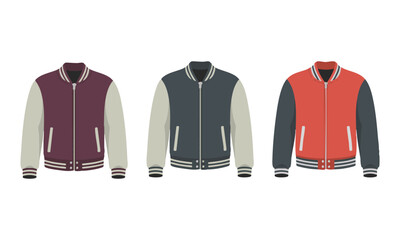 Varsity Jacket Mockup Set &ndash; Front, Back, Side Views  Minimal Flat Vector Illustration, College Jacket Mockup template, easily editable and scalable. 
