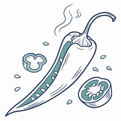 Hand drawn illustration of a spicy chili pepper cut in half with seeds and slices on a white background