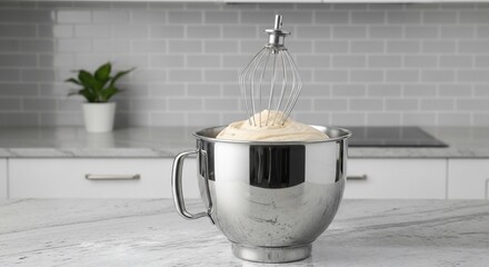 A stainless steel stand mixer bowl with a whisk attachment mixing a light-colored batter on a kitchen counter.
