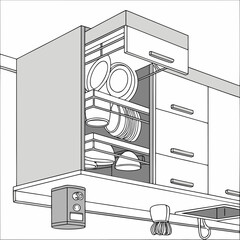 Modern kitchen cabinet with pull out dish rack storing plates and cups organized neatly