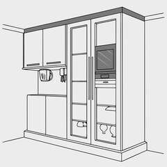 Modern kitchen cabinet unit with built in microwave and glass fronted display shelves