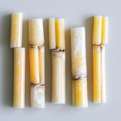 Arrangement of sugar cane sticks with sugar crystals on a neutral background