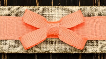 Elegant peach ribbon bow on burlap fabric and dark wood background texture