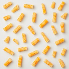 Creative pattern of cheese flavored snack sticks on a white background studio shot