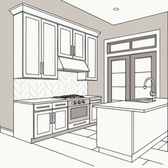 Modern kitchen design with island cabinets stove sink and double doors in line art style
