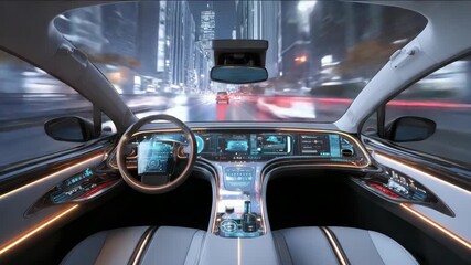 A futuristic car interior cruises through a vibrant city at night, filled with digital displays. - Powered by Adobe