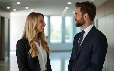 Portrait of beautiful blonde business woman having informal meeting with handsome man in formal-wear at office hall. High quality