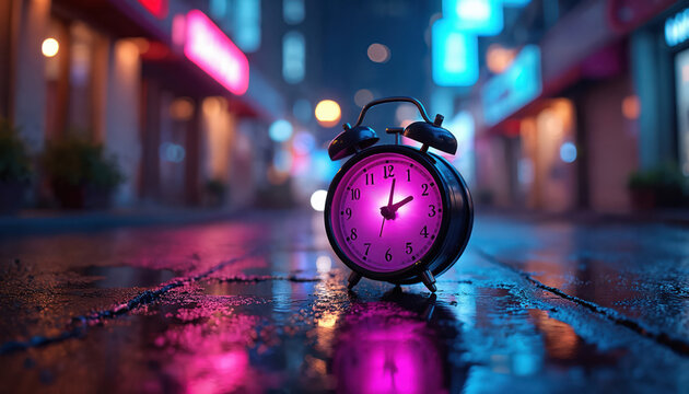 Alarm clock glows pink on wet city street at night reflecting neon lights. Urban nightlife scene shows time passing in a busy metropolis on dark wet pavement. - Powered by Adobe