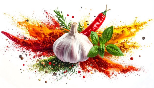 Flying colorful spice powders with garlic bulb, chili, and herbs separated  - Powered by Adobe