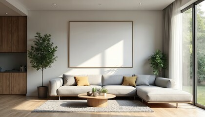 Living room interior with mockup frame above modern sofa. Cozy house apartment has wooden floor and window with garden view. Bright space perfect for design ideas inspiration.