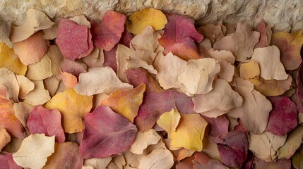 Autumn leaves and natural stone background, fall foliage in warm color scheme