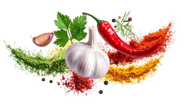 Flying colorful spice powders with garlic bulb, chili, and herbs separated 